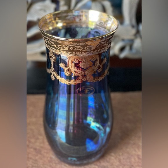 IRIDESCENT BLUE VENICAN VASE HAND-BLOWN GLASS - Picture 1 of 6